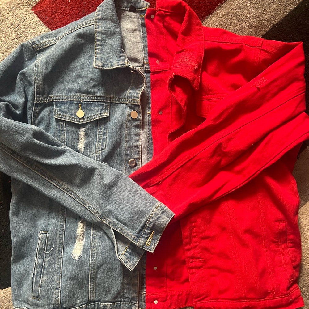 Red & Light Blue Two-Tone Lightweight Denim Shirt Jacket